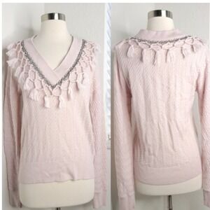 Jonathan Simkhai Pink Cable Knit Tassel Chain V-Neck wool Sweater Womens Small